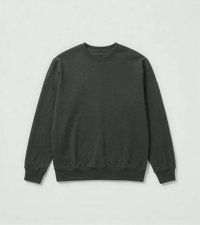 Charcoal crewneck sweatshirt laid flat against a light gray studio background