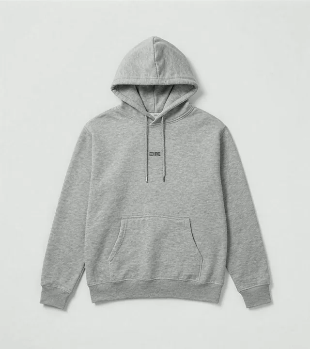 Heather gray heavyweight hoodie laid flat against a light gray studio background